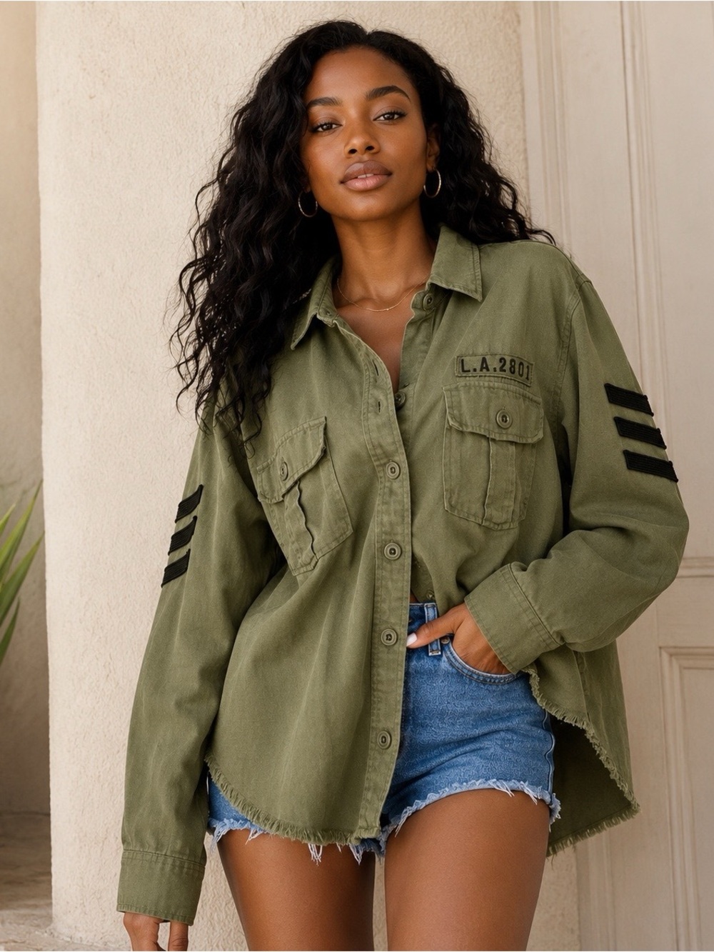 Rails Loren Olive Black Military Satin Patch Button Up Jacket Shirt Large